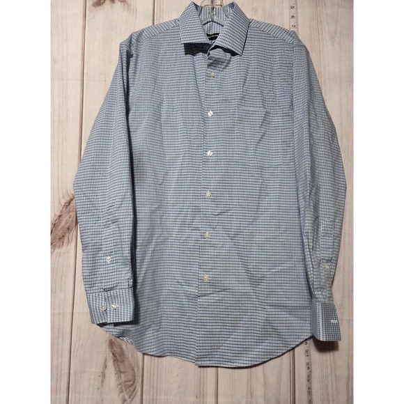Van Heusen Shirt Mens Medium Blue White Check Stain Shield Regular Fit Stretch - Picture 1 of 8